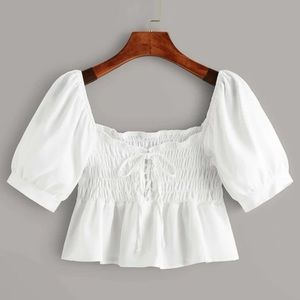 Tie front shirred crop peplum blouse